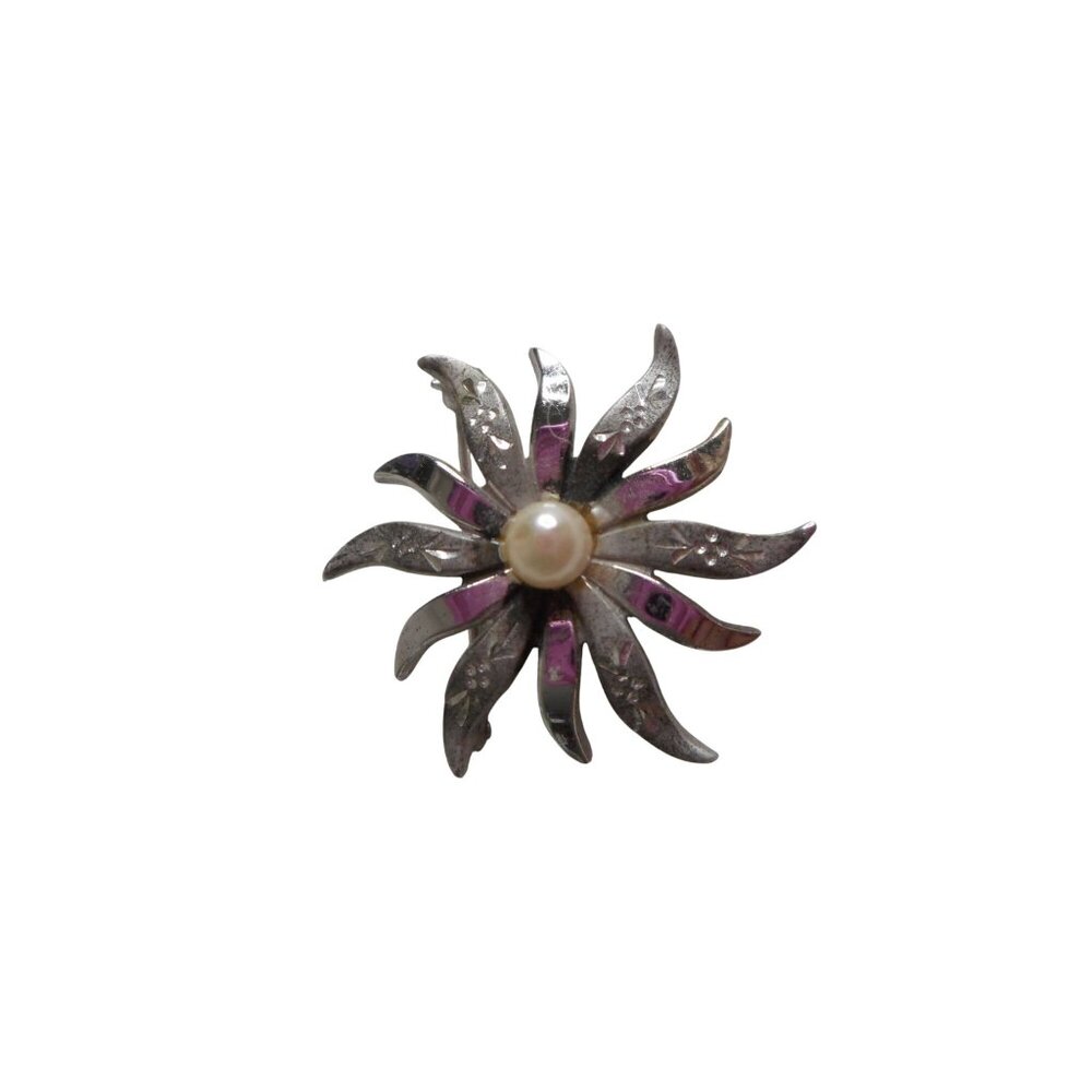 Vintage Estate Pearl Silver Floral Brooch Pin Jewelry Sterling